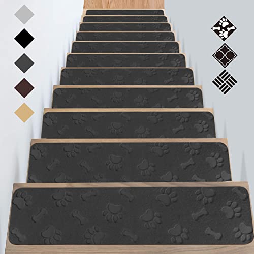 GOYLSER Treppenmatten für Holztreppe,Anti-Rutsch-sichere Treppen-Teppich Tritte mit doppeltem selbstklebenden für Älteste,Kind,Haustiere(76 * 20cm 15pack Grau Hundepfote) von GOYLSER
