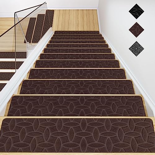 GOYLSER Treppenmatten für Holztreppe,Anti-Rutsch-sichere Treppen-Teppich Tritte mit doppeltem selbstklebenden für Älteste,Kind,Haustiere(76x20cm 15pack Braune Baum-Blätter) von GOYLSER