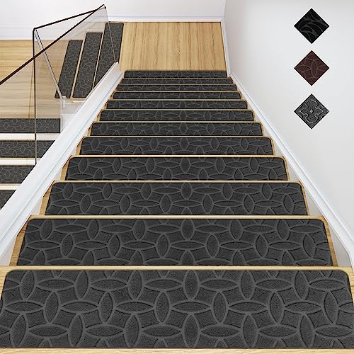 GOYLSER Treppenmatten für Holztreppe,Anti-Rutsch-sichere Treppen-Teppich Tritte mit doppeltem selbstklebenden für Älteste,Kind,Haustiere(76x20cm 15pack Graue Baum-Blätter) von GOYLSER