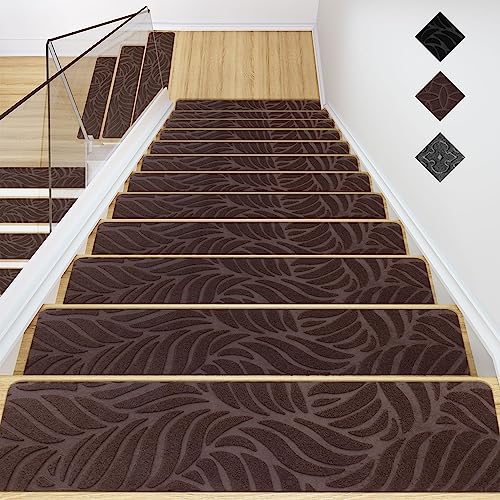 GOYLSER Treppenmatten für Holztreppen-Anti-Rutsch-Treppen-Teppich-Tritte,Filz selbstklebend Stufenmatten innen 15 Stück 76x20cm Braune Bananenblatt von GOYLSER