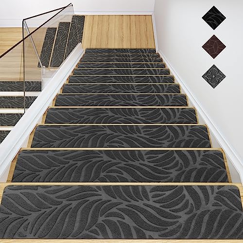 GOYLSER Treppenmatten für Holztreppen-Anti-Rutsch-Treppen-Teppich-Tritte,Filz selbstklebend Stufenmatten innen 15 Stück 76x20cm Graue Bananenblatt von GOYLSER
