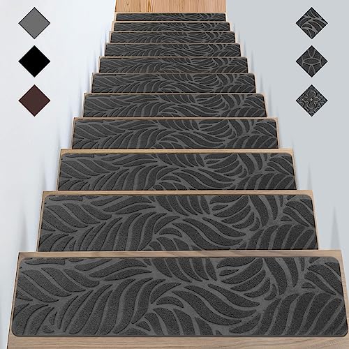 GOYLSER Treppenmatten für Holztreppen-Anti-Rutsch-Treppen-Teppich-Tritte,Filz selbstklebend Stufenmatten innen 15 Stück 76x20cm Graue Bananenblatt von GOYLSER