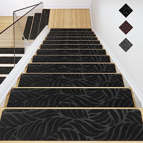 GOYLSER Treppenmatten für Holztreppen-Anti-Rutsch-Treppen-Teppich-Tritte,Filz selbstklebend Stufenmatten innen 15 Stück 76x20cm Schwarze Bananenblatt von GOYLSER