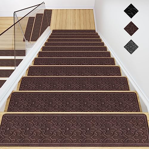 GOYLSER Treppenmatten für Holztreppen-Anti-Rutsch-Treppen-Teppich-Tritte,Filz selbstklebend Stufenmatten innen 15 Stück Braune Fensterblume 76x20cm von GOYLSER