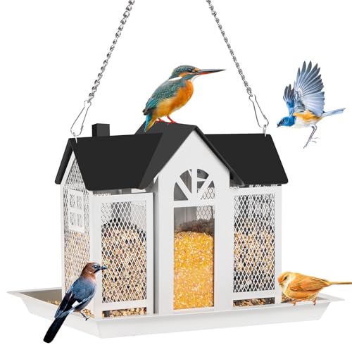 GOYOXOKY Aufhängen Vogelfutterstation, Metall Wildvogel-Futterspender, Große Kapazität Futterstelle, Vogelvilla für Garten Hängende Vogelhäuschen für Gärten, Terrassen, Decks und Rasenflächen, Weiß von GOYOXOKY