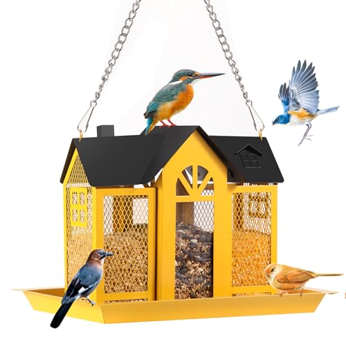 GOYOXOKY Aufhängen Vogelfutterstation, Metall Wildvogel-Futterspender, Große Kapazität Futterstelle, Vogelvilla für Garten Hängende Vogelhäuschen für Gärten, Terrassen, Decks und Rasenflächen, Gelb von GOYOXOKY