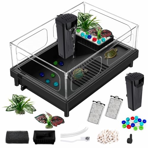 GOZILLA Kleine Schildkrötenbecken mit Filter, Acryl Aquarium Schildkröte Tank Starter Kit mit Multifunktionsbereichen für Schildkröten, Einsiedlerkrebse, Krebse, kleine Reptilien (Schwarz) von GOZILLA