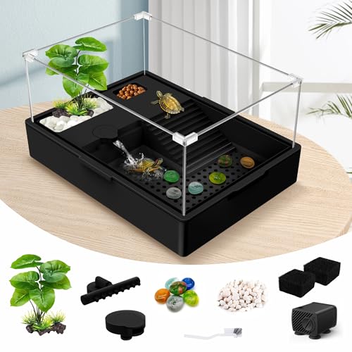 GOZILLA Kleiner Schildkrötentank + Wasserpumpe, Acryl-Schildkröten-Tank-Starter-Set mit verstellbarer 5-W-Wasserpumpe und zwei Duschköpfen, multifunktionaler Bereich für kleine Schildkröten (schwarzer von GOZILLA