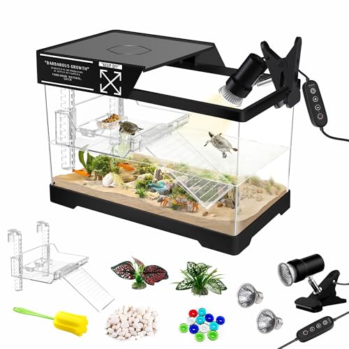 GOZILLA Mini-Schildkröten-Tank-Set mit Lampe, Upgrade-PC-Schildkröten-Tank-Starter-Set mit verstellbarer Lampe, Reptilien-Lebensraum mit Deckel, Hängeplattform für Babyschildkröten und von GOZILLA
