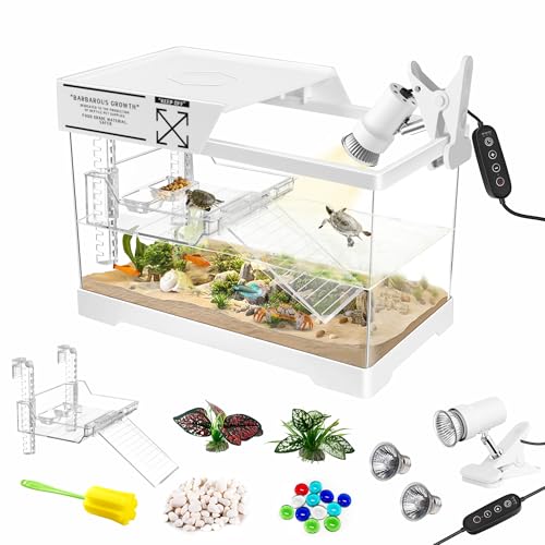 GOZILLA Mini-Schildkröten-Tank-Set mit Lampe, Upgrade-PC-Schildkröten-Tank-Starter-Set mit verstellbarer Lampe, Reptilien-Lebensraum mit Deckel, Hängeplattform für Babyschildkröten und von GOZILLA