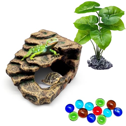 GOZILLA Schildkröten-Plattform-Set, Reptilien-Lebensraum, dekoratives Harz für Aquarium und Terrarium, inklusive Kunstpflanze und farbigen Perlen, Braun, Größe S von GOZILLA
