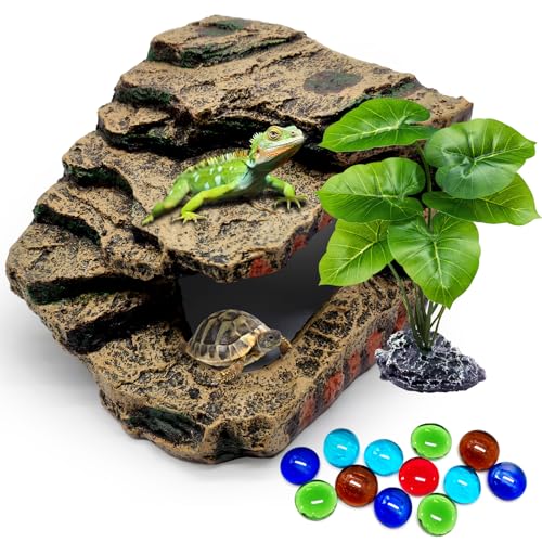 GOZILLA Schildkröten-Plattform-Set, Reptilien-Lebensraum, dekoratives Harz für Aquarium und Terrarium, inklusive Kunstpflanze und farbigen Perlen, Braun, L von GOZILLA