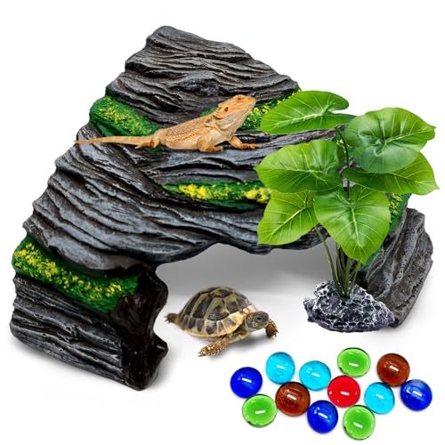 GOZILLA Schildkröten-Plattform-Set, Reptilien-Lebensraum-Versteck, dekoratives Harz für Aquarium und Terrarium, inklusive Kunstpflanze und farbigen Perlen (Grau, M) von GOZILLA