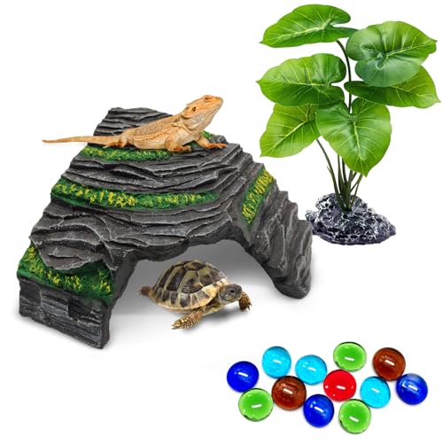 GOZILLA Schildkröten-Plattform-Set, Reptilien-Lebensraum-Versteck, dekoratives Harz für Aquarium und Terrarium, inklusive Kunstpflanze und farbigen Perlen (Grau, S) von GOZILLA
