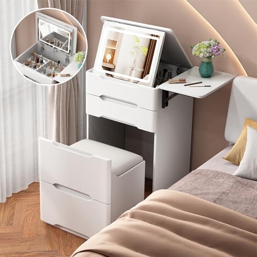 GOZYLA Schminktisch mit Beleuchtung Spiegel Schminken Dresser: Rollen Hocker Frisiertisch 3 in 1 Klein Vanity Desk Flip Top Aufklappbarem Mirror Holz Schmal Compact Dressing Table (Weiß, 50x40x82 cm) von GOZYLA