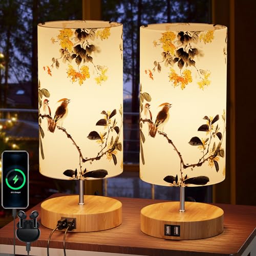 GPATIO Nachttischlampe 2er set, Led Tischlampe Modern Nachttischlampe Touch Dimmbar, Deko Schlafzimmer Bedruckt Tischleuchte, 2 USB Ladeanschluss Led Lampe für Deko Schlafzimmer Wohnzimmer von GPATIO