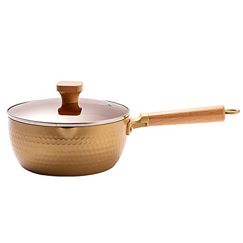 GPDNBIEU, Antihaftbeschichtete Pfanne mit Glasdeckel und Holzgriff, Edelstahl-Kochtopf, Milchsaucentopf, traditionelles japanisches Kochwerkzeug for die Küche(Gold,18cm/7in) von GPDNBIEU