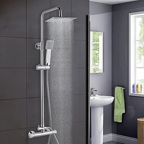 GPDNBIEU, Badezimmer-Thermostatventil-Brausebatterie-Set, Handbrause und mit verstellbaren 8-Zoll-Regenbrausearmaturen, Doppelkopf verchromtem Gehäuse(09Square) von GPDNBIEU