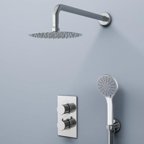 GPDNBIEU, Badezimmer-Thermostatventil-Brausebatterie-Set, Handbrause und mit verstellbaren 8-Zoll-Regenbrausearmaturen, Doppelkopf verchromtem Gehäuse(ConcealedRound) von GPDNBIEU