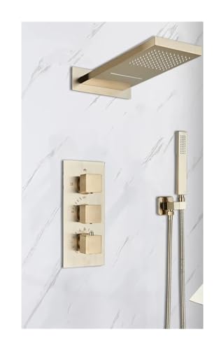 GPDNBIEU, Duschsets, Thermostat-Duscharmatur aus gebürstetem Gold, Wasserfall-Regenduschkopf, Hand-Wandhalterung ABS-Kunststoff, 3-Wege-Heiß-Kalt-Duschmischung(Gold) von GPDNBIEU