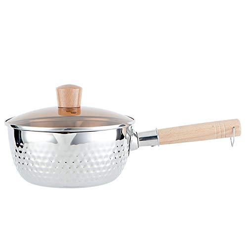 GPDNBIEU, Edelstahlpfanne, Stielkasserolle, Milchsaucenpfanne mit Glasdeckel, Holzgriff und Ölabtropfgestell, Edelstahl-Kochtopf, traditioneller japanischer gehämmerter Topf(16cm/6.3in) von GPDNBIEU