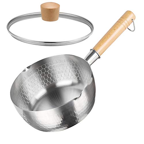 GPDNBIEU, Edelstahlpfanne, Stielkasserolle, Milchsaucenpfanne mit Glasdeckel, Holzgriff und Ölabtropfgestell, japanischer Mehrzweck-Topf aus gehämmertem Stahl(20cm/7.9in) von GPDNBIEU