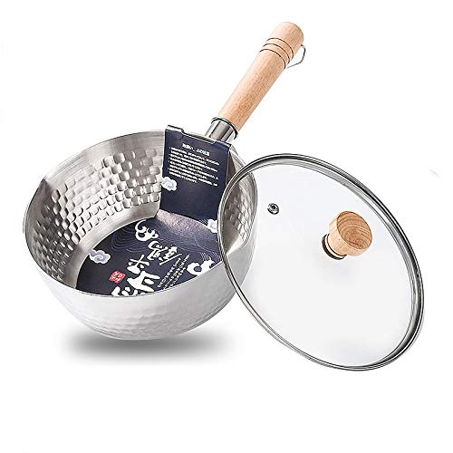 GPDNBIEU, Edelstahlpfanne Edelstahltopf Milchsoßentopf, gehämmerter Topf mit Glasdeckel und Massivholzgriff(20cm/7.9in) von GPDNBIEU