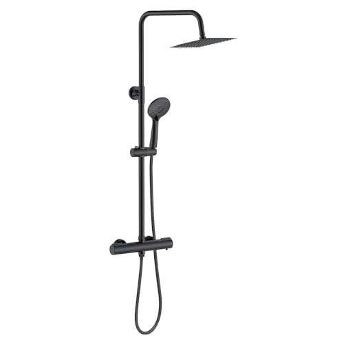 GPDNBIEU, Quadratisches 38 °C-Thermostat-Duschsystem mit Regenduschkopf, Handbrause, Anti-Verbrühungs-Brause-Mischstangen-Set, höhenverstellbar(Matte Black Type 2) von GPDNBIEU