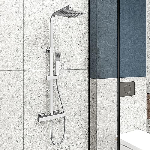 GPDNBIEU, Quadratisches thermostatisches 38 °C-Duschmischerset mit Regenduschkopf, Handbrause, Steigstange und verchromtem Duschset höhenverstellbarem Verbrühungsschutz(All Square Set) von GPDNBIEU