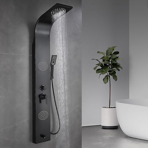Duschpaneel aus Edelstahl für den Eckeinbau 4 Funktionen mit Handbrause,Regenbrause,2 Massageduschen,Ablasshahn,komplettes Duschzubehörset,Geeignet für Eckmontage (Schwarz) von GPRL