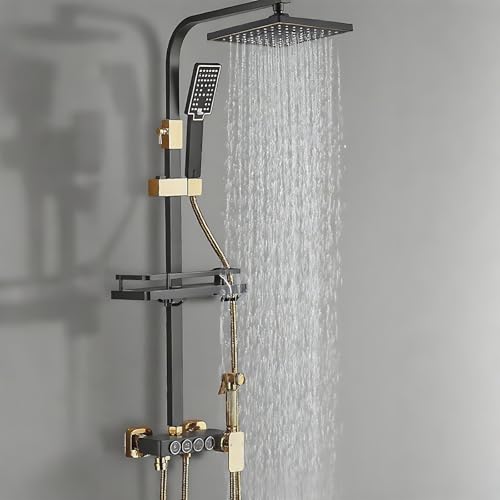 Duschsystem Aus Edelstahl Regendusche Duschset Mit Mischbatterie 4 Strahlarten (Kopfbrause,Handbrause,Seitenbrause,Wasserauslauf Unten),Verstellbare Duschstange Mit Ablage,Schwarz von GPRL