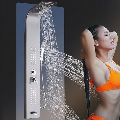 Edelstahl Duschpaneel 4 Funktionen Duschpaneel Turmsystem,mit Regenbrause,Handbrause,2 Massageduschen und Wasserhähne,Silber von GPRL
