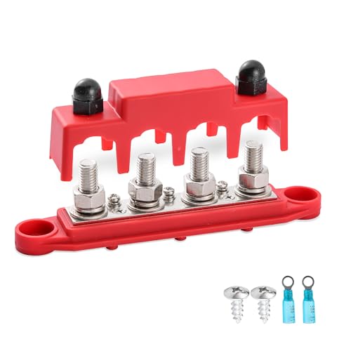 12V-48V DC Stromverteilungsblock 250A Bus Bar mit 4 x M8 Posts Klemmenblock mit Abdeckung für Automotive,RV,Boat, Yacht (Rot) von GQGP