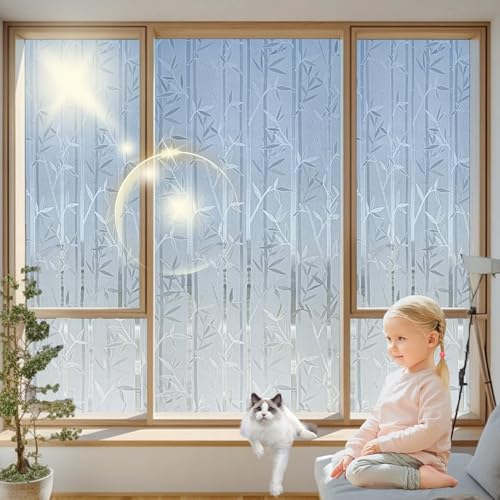 Fensterfolie Kinderzimmer 65 x 150 cm, Selbsthaftend Blickdicht, Wärmereflektion Hitzeabweisend, Gegen Hitze, Fenster Selbsthaftend Milchglasfolie, Bambus von GQINGHUA