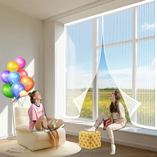 Fliegengitter Balkon 34 x 185 cm Ohne Bohren Sicher Stärkere Magneten, Breites Klettband, mit Selbstschließend, Fliegengitter Magnet, mit Nylonband für Alle Fenster, Weiß von GQINGHUA