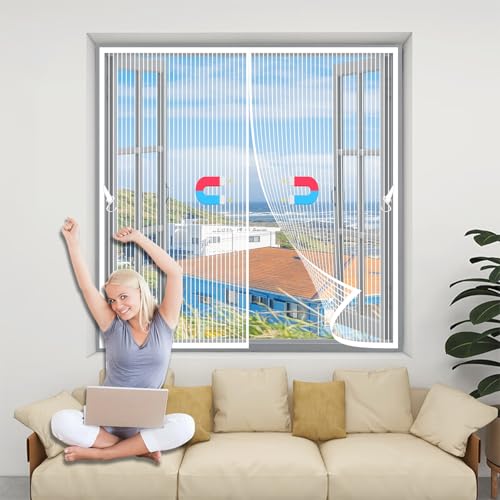 Fliegengitter Fenster Magnet 130 x 127 cm Ohne Bohren Sicher Stärkere Magneten, Breites Klettband, mit Selbstschließend, Terrassentür Fliegengitter, mit Nylonband für Alle Fenster, Weiß von GQINGHUA