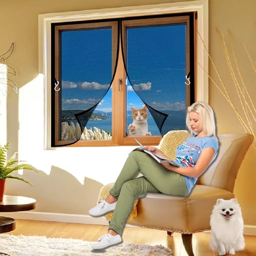 Magnet Fliegengitter 190 x 57 cm Terrassen Fliegengitter Ohne Bohren Sicher Stärkere Magneten, Breites Klettband, mit Selbstschließend, mit Nylonband für Alle Fenster, Schwarz von GQINGHUA