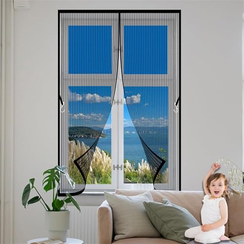 Magnet Fliegengitter 45 x 145 cm Ohne Bohren Sicher Stärkere Magneten, Breites Klettband, mit Selbstschließend, Terrassen Fliegengitter, mit Nylonband für Alle Fenster, Schwarz von GQINGHUA