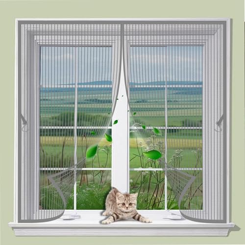 Magnet Fliegengitter Fenster 98 x 103 cm Automatisches Schließen, Starke Magnete,Verdickt Ohne Bohren Kinderleichte Montage, Fliegengitter Tür Magnet, mit Nylonband für Alle Fenster, Grau von GQINGHUA