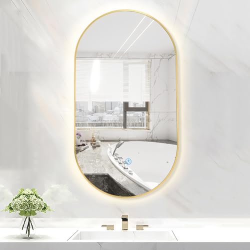 Ovaler Badezimmerspiegel Mit LED-Leuchten, Wandspiegel, Aluminiumrahmen, Schwarz, Gold, Weiß, LED Smart Makeup Beleuchteter Spiegel, Dimmbares 3 Farben Licht, Für Schlafzimmer, Badezimmer, Wohnzimmer von GQJNHUI