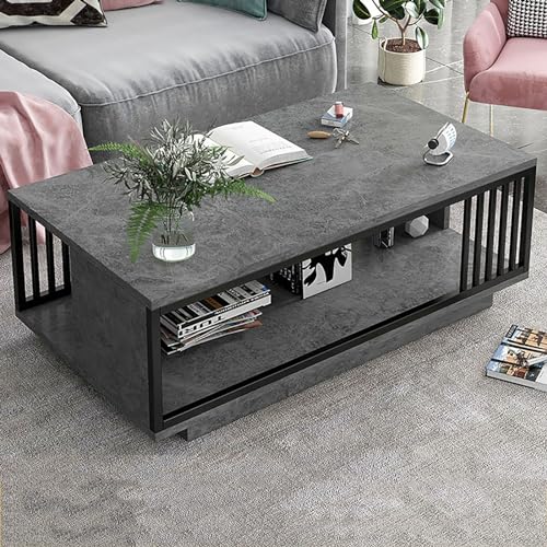 GQMYCDM Couchtisch Modern mit Stauraum, Couchtisch Rechteckig mit Kunstmarmorplatte und Schwarz/Goldenem Metallrahmen, 2-Stufiger Coffee Table für das Wohnzimmer (Color : Grau, Size : 39in/100cm) von GQMYCDM