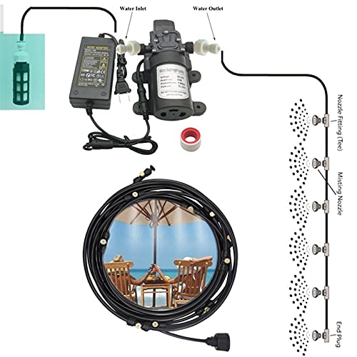 Sprühnebel Kühlung Terrasse Garten Gewächshaus Pavillon Wasserzerstäuber mit 12V Pumpe, Bewässerungssystem Outdoor Misting System Wasser Cooling Sprinkler System für Rasen, Blume, Outdoor von GQQG