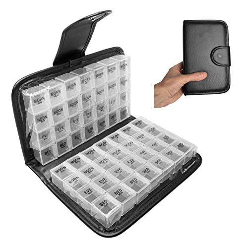 Tablettenbox 14 Tage 4 Fächer Morgens Mittags Abends Nachts Medikamentenbox Pillendose Groß mit Pu Leder Leicht zu Öffnen, Arthritis Friendly, BPA Frei (Clear) von GQQG