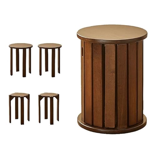 GQTYBZ 4er Set Stapelhocker Runde Oberseite, 4 In 1 Multifunktionaler Massivholzhocker, Sitzhocker Rückenfrei Mit Rollen, Stapelbare Couchtisch Hocker (Dunkelbraun, 35 × 35 × 47 cm Ohne Rollen) von GQTYBZ