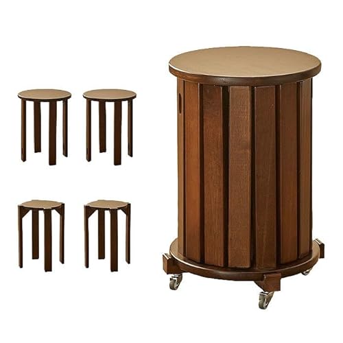 GQTYBZ 4er Set Stapelhocker Runde Oberseite, 4 In 1 Multifunktionaler Massivholzhocker, Sitzhocker Rückenfrei Mit Rollen, Stapelbare Couchtisch Hocker (Dunkelbraun, 35 × 35 × 53 cm Mit Rollen) von GQTYBZ