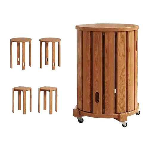 GQTYBZ 4er Set Stapelhocker Runde Oberseite, 4 In 1 Multifunktionaler Massivholzhocker, Sitzhocker Rückenfrei Mit Rollen, Stapelbare Couchtisch Hocker (Hellbraun, 35 × 35 × 53 cm Mit Rollen) von GQTYBZ