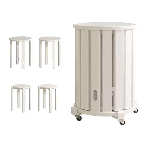 GQTYBZ 4er Set Stapelhocker Runde Oberseite, 4 In 1 Multifunktionaler Massivholzhocker, Sitzhocker Rückenfrei Mit Rollen, Stapelbare Couchtisch Hocker (Weiß, 35 × 35 × 53 cm Mit Rollen) von GQTYBZ