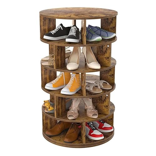 GQTYBZ 5 Ebenen Rundes Drehbares Schuhregal, 360° Drehbarer Schuhschrank, MDF-Material Braun Karussell, Vertikal Schuhständer, Platzsparend Schuhorganizer für Schlafzimmern Wohnzimmern von GQTYBZ