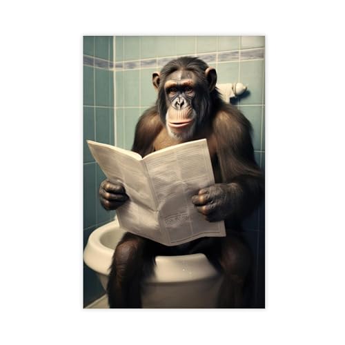 GQVCJSW Leinwandposter, Motiv: Schimpanse sitzt auf der Toilette und liest eine Zeitung (8) von GQVCJSW