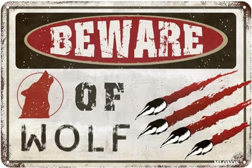 „Beware of Wolf“, Vintage-Metallblechschild „Warning The Wolf“, Retro-lustiges Blechschild für Hof, Zaun, Garage, Höhle, Zuhause, Wanddekoration, 20,3 x 30,5 cm von GQWJKSZ